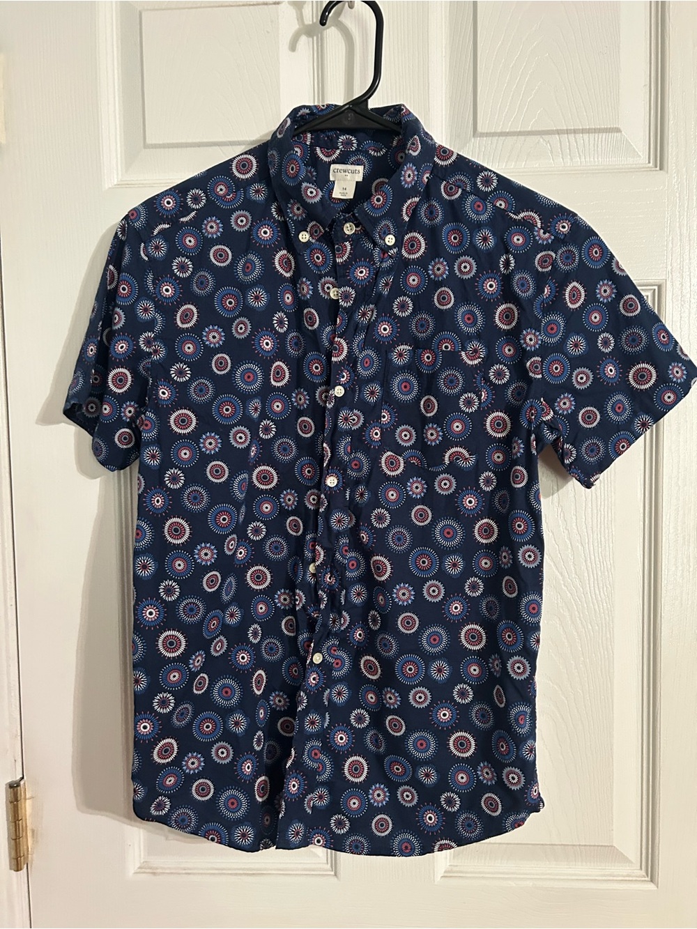Crewcuts Navy Short-Sleeve Button-Down with Red & White Concentric Dot Print